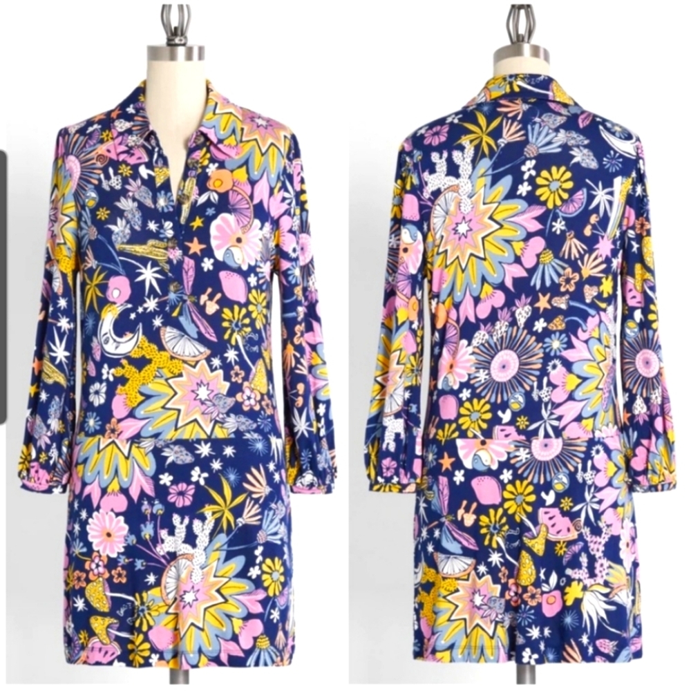 Modcloth Shift Dress sz L mushrooms floral whimsy Navy Pink